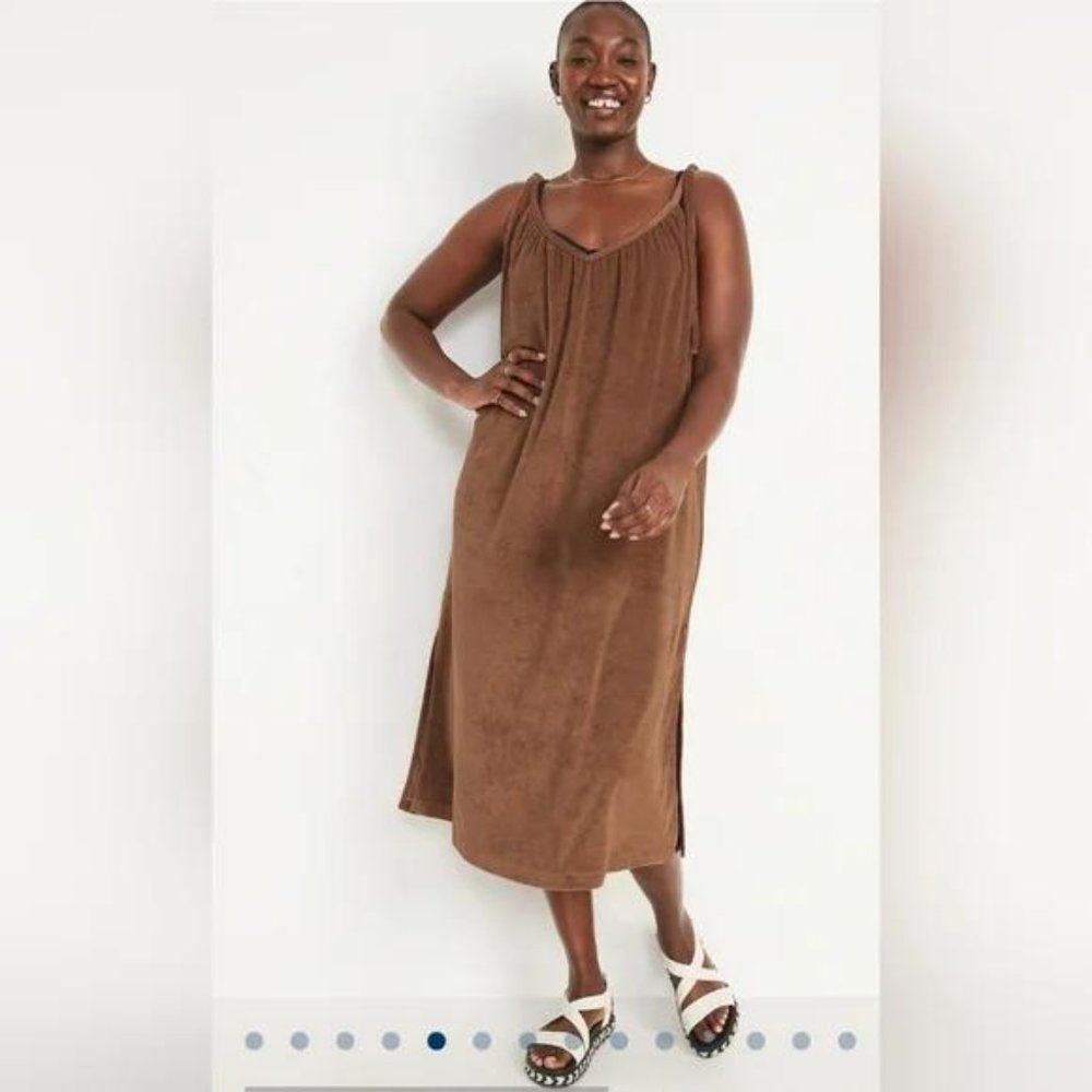 NWT Old Navy Tie-Shoulder V-Neck Terry Midi Swing Dress for Women - Picture 3 of 5